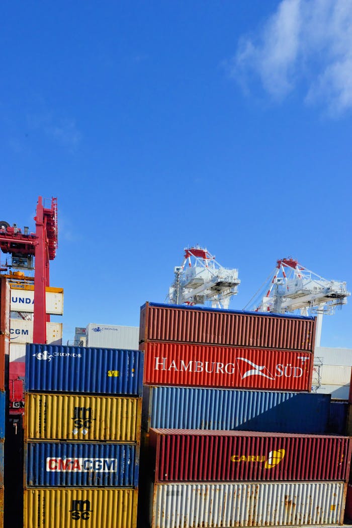 Colorful cargo containers stacked at a busy shipping port under a clear blue sky.